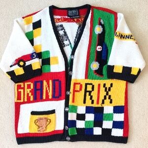 Vintage Berek Cardigan Grand Prix Sweater Indy 500 Checkered Flags Marta D 1988